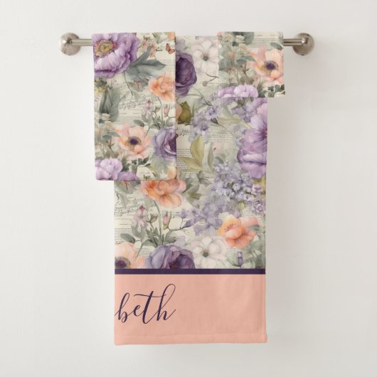 Monogram Vintage Pêche Violet Floral Shabby Chic (En situation)