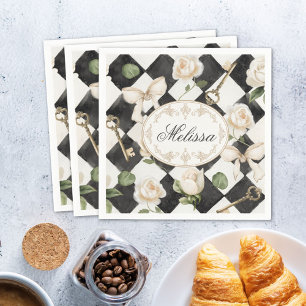 Monogram Vintage Roos Bloemen Zwart Wit Diamant Servet