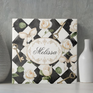 Monogram Vintage Roos Bloemen Zwart Wit Diamant Tegeltje
