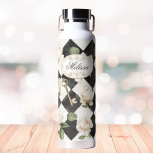 Monogram Vintage Roos Bloemen Zwart Wit Diamant Waterfles