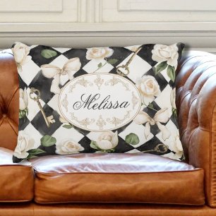 Monogram Vintage Roos Bloemen Zwart Witte Diamant Accent Kussen