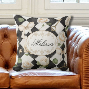Monogram Vintage Roos Bloemen Zwart Witte Diamant Kussen