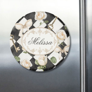 Monogram Vintage Roos Bloemen Zwart Witte Diamant Magneet