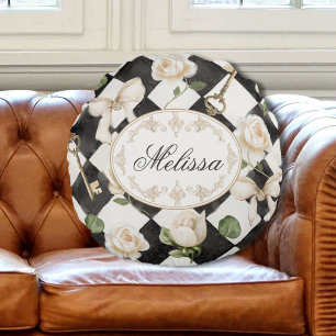 Monogram Vintage Roos Bloemen Zwart Witte Diamant Rond Kussen