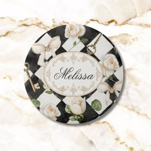Monogram Vintage Roos Bloemen Zwart Witte Diamant Ronde Button 7,6 Cm