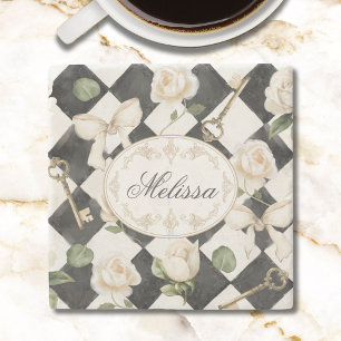Monogram Vintage Roos Bloemen Zwart Witte Diamant Stenen Onderzetter