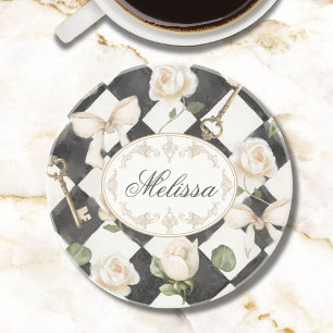 Monogram Vintage Roos Bloemen Zwart Witte Diamant Zandsteen Onderzetter