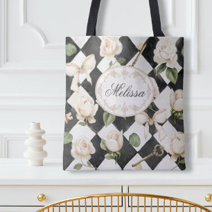 Monogram Vintage Rose Bloemen Zwart Witte Diamant Draagtas