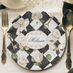 Monogram Vintage Rose Bloemen Zwart Witte Diamant Papieren Bordje