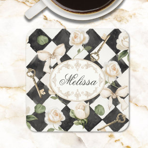 Monogram Vintage Rose Bloemen Zwart Witte Diamant Vierkante Kartonnen Onderzetter