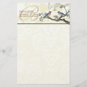 Monogram Vintage Vogels Bloeiende Tak Briefpapier