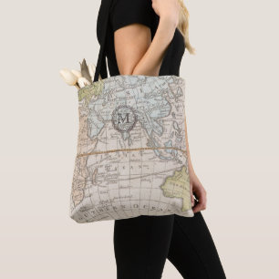 Monogram. Vintage Wereldkaart. Tote Bag