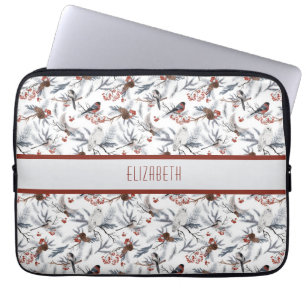 Monogram Vogel Wit Grijs Zilveren Tak Rode Bessen Laptop Sleeve