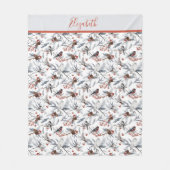 Monogram vogels White Grey Silver Branch Red Berry Fleece Deken (Voorkant)