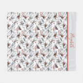 Monogram vogels White Grey Silver Branch Red Berry Fleece Deken (Voorkant (Horizontaal))