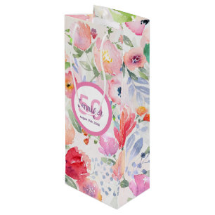 Monogram voor Birthday roze florals Wijn Cadeautas