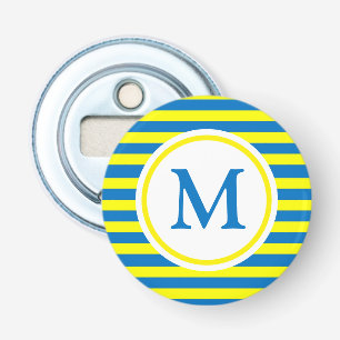 Monogram voor Bright Geel en Blauw Stripes Button Flesopener