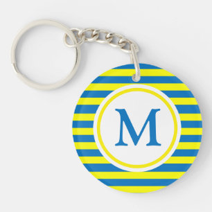 Monogram voor Bright Geel en Blauw Stripes Sleutelhanger