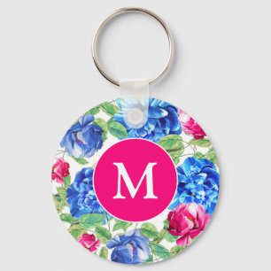 monogram voor Bright Roze en Blauwe Floral Sleutelhanger