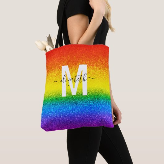 Monogram voor Chic Rainbow Glitter Stripes Draagtas (Dichtbij)