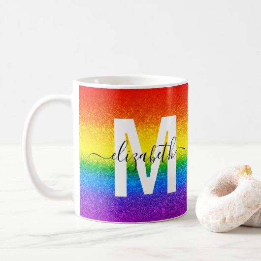 Monogram voor Chic Rainbow Glitter Stripes Koffiemok (Met donut)
