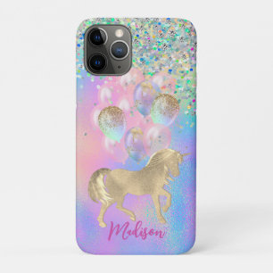 Monogram voor Cute Rainbow unicorn glitter ballons iPhone 11 Pro Hoesje