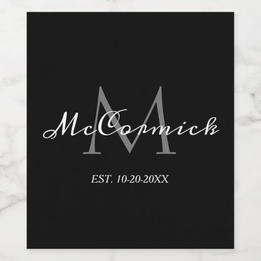 Monogram voor Elegant Black White Grey Familie Wijn Etiket (Enkel label)