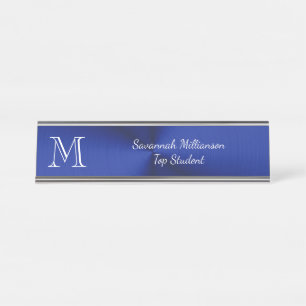 Monogram voor Elegant Blue Faux Metal Student Bureau Naambordje