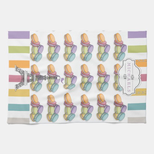 Monogram voor kleurrijke Parijse Macaron Eiffel To Theedoek (Horizontaal)
