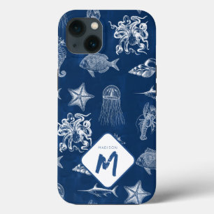 Monogram voor marineblauw Waterverf oceaan iPhone 13 Hoesje