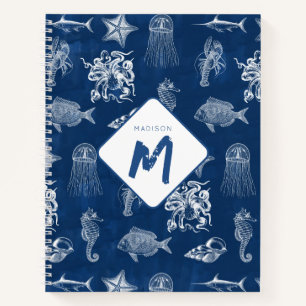 Monogram voor marineblauw Waterverf oceaan Notitieboek