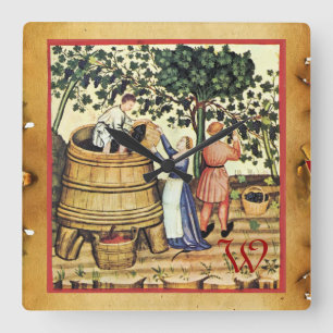 MONOGRAM VOOR MEDIEVAL GRAPE VINEYARD HARVEST PARC VIERKANTE KLOK