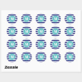 Monogram voor moderne blauw en Aqua Stripes Ronde Sticker (Vel)