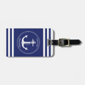 Monogram voor Nautical Anchor Navy Blue White Stri Bagagelabel (Voorkant horizontaal)