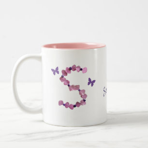 Monogram voor roze bloemkralen tweekleurige koffiemok
