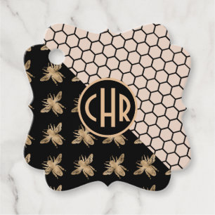 Monogram voor zwarte en goudbijen en roze honingra bedankjes labels