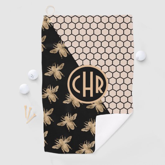 Monogram voor zwarte en goudbijen en roze honingra golfhanddoek (Insitu)