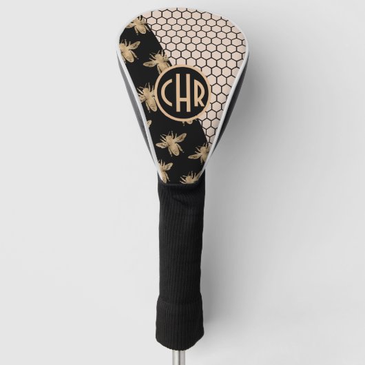Monogram voor zwarte en goudbijen en roze honingra golfheadcover (Voorkant)