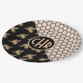 Monogram voor zwarte en goudbijen en roze honingra papieren bordje (Gekanteld)