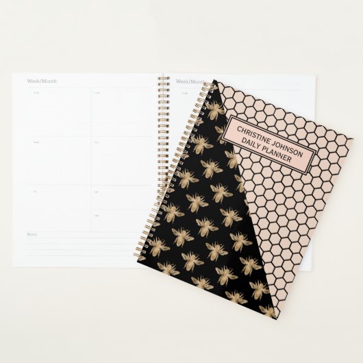 Monogram voor zwarte en goudbijen en roze honingra planner (Display)