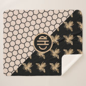 Monogram voor zwarte en goudbijen en roze honingra sherpa deken (Voorkant (horizontaal))