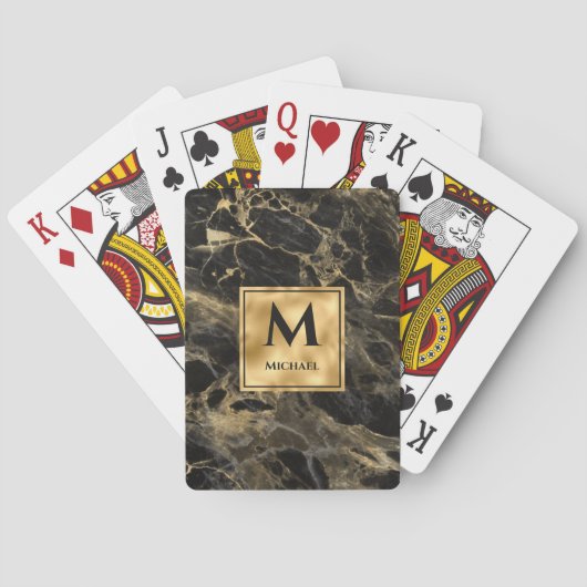 Monogram voor zwarte en goudmarmer Elegant Luxury Pokerkaarten (Achterkant)