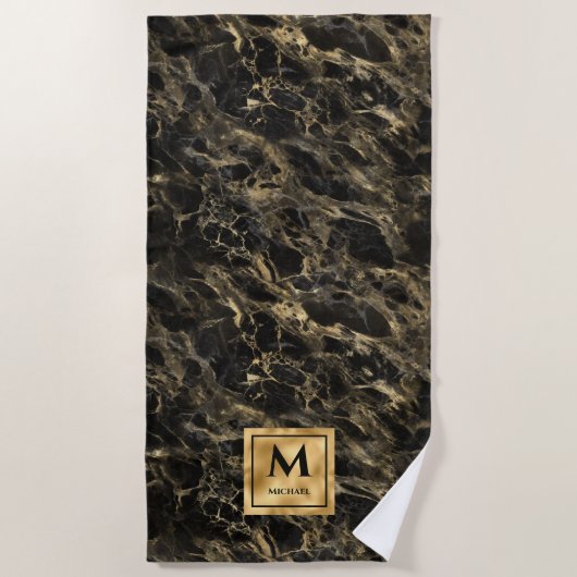 Monogram voor zwarte en goudmarmer Elegant Luxury Strandlaken (Voorkant)