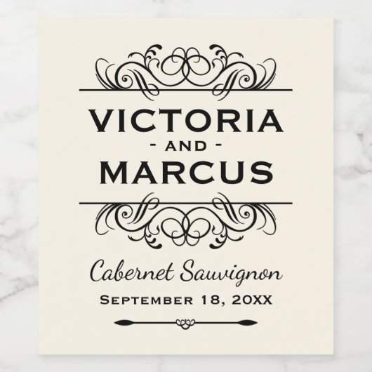 Monogram voor zwarte en ivoren bruiloft wijn etiket (Enkel label)