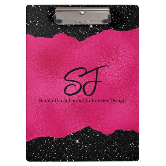 Monogram-voorletters op luxe zwart en heet roze klembord (Voorkant)