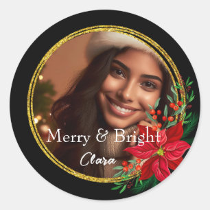 Monogram Vrolijk Helder Kerstfoto Goud Rood Ronde Sticker