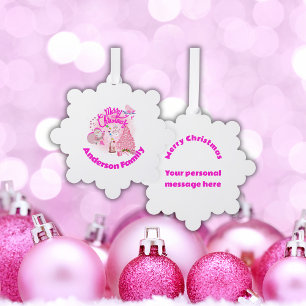 Monogram Vrolijk Kerstfeest in Roze   Sneeuwvlok Ornament Kaart