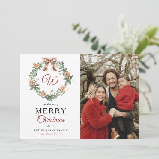 Monogram Vrolijk Kerstfeest Sinaasappels Krans Fot Feestdagenkaart (Staand voorkant)