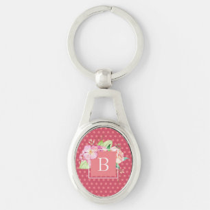 Monogram Vrouwelijke Roze Stippen & Roze Koraal Bl Sleutelhanger