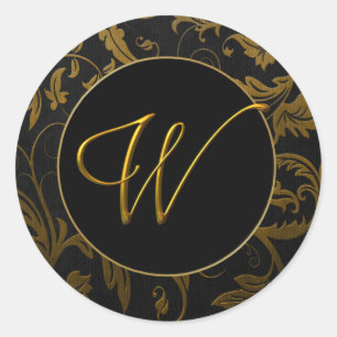 Monogram W Goud en Zwart Damast Bruiloft Seal Ronde Sticker